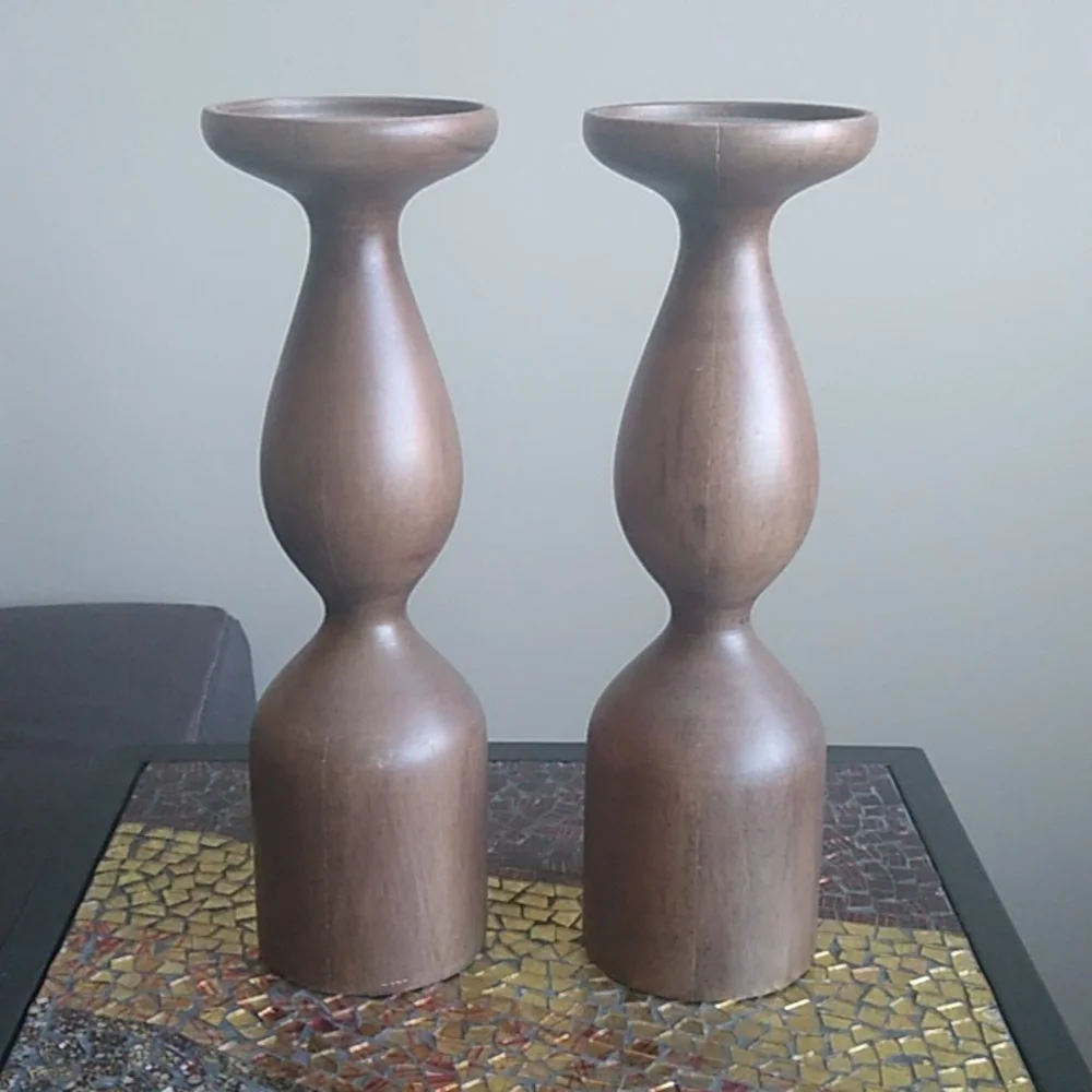 Crate&Barrel Elegant Brown Wooden Candle Holders